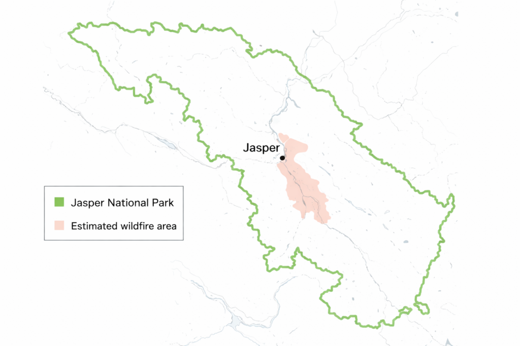 Map showing wildfire closures and open areas in Jasper National Park for the 2026 visitor season