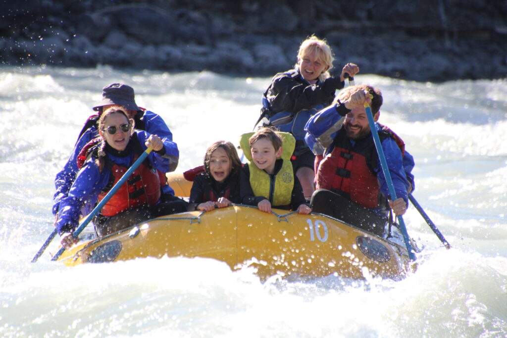 family rafting down Athabasca Mile 5 river rafting in jasper alberta