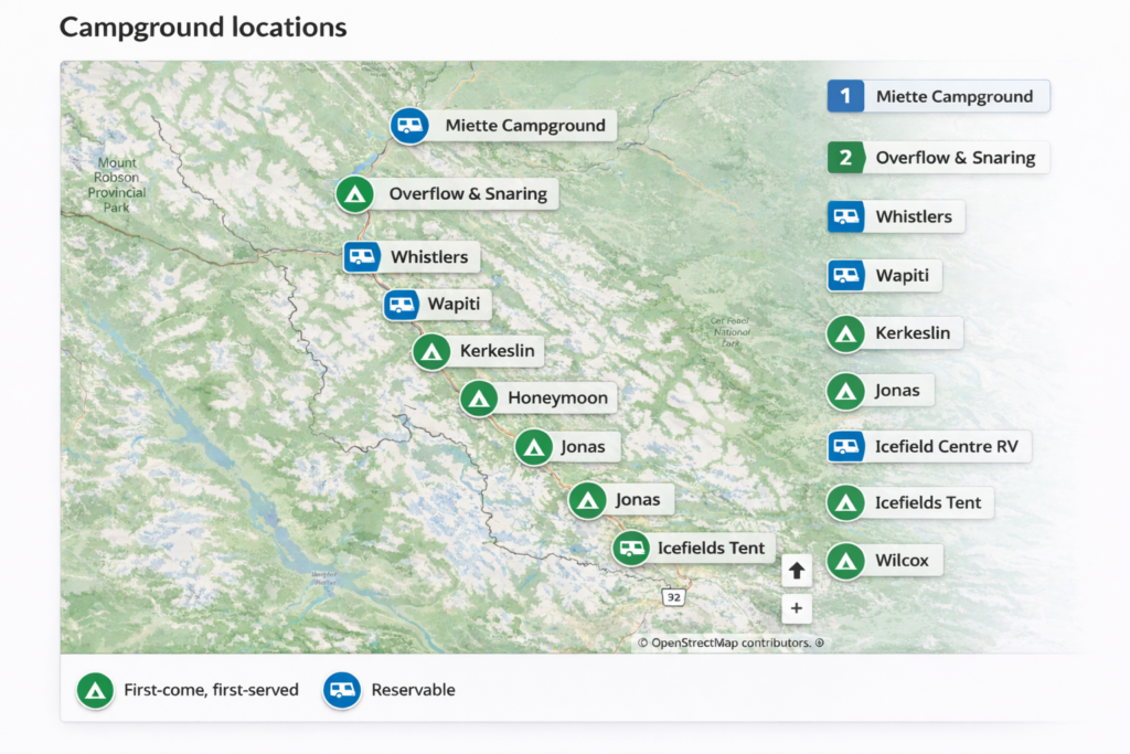 Jasper National Park campground map showing reservable and first-come campgrounds including Whistlers, Wapiti, Miette, Snaring, Honeymoon Lake, Kerkeslin, Jonas, Wilcox, and Icefields