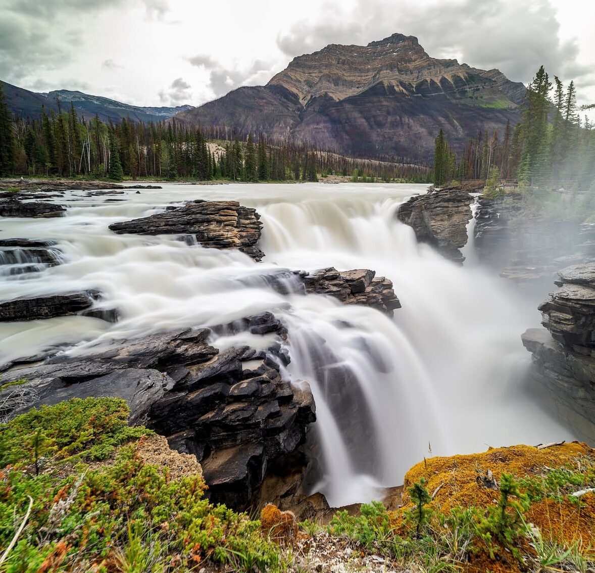 Powerful waterfall rushing through a narrow rocky canyon in Jasper National Park